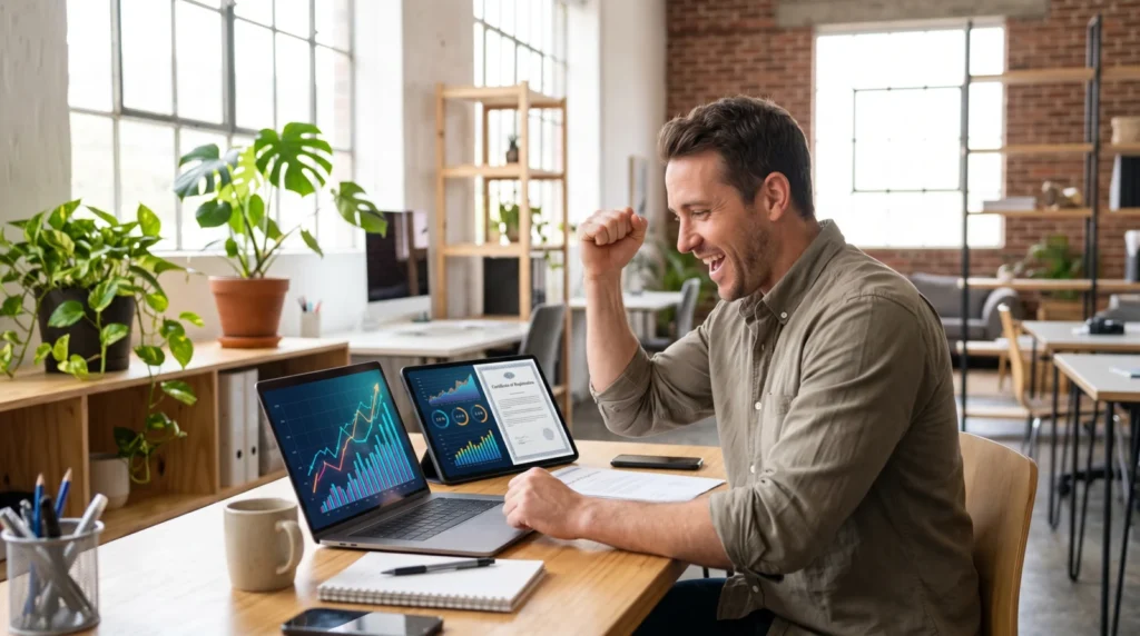 Empreendedor comemorando resultados no notebook, com a contabilidade resolvida online